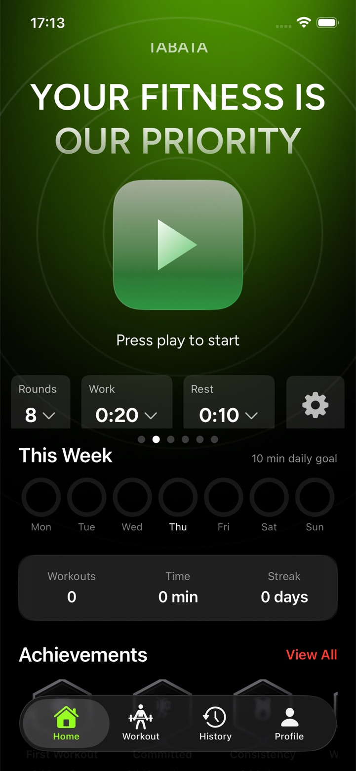Tabata home screen with a play button and Rounds 8, Work 0:20 and Rest 0:10 controls
